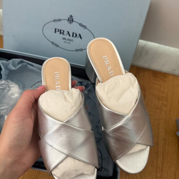 NWT Prada Platform Sandals Metallic Silver Saffiano Leather Crisscross Strap - Picture 7 of 11